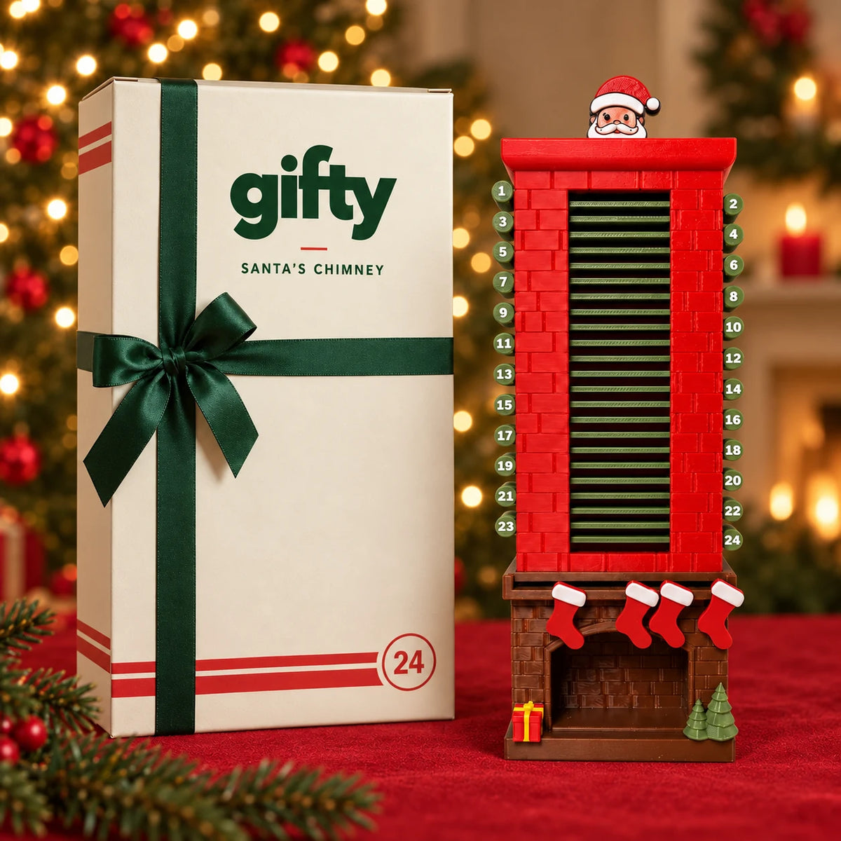 Santa chimney countdown calendar beside a cream Gifty Christmas box tied with a green ribbon.
