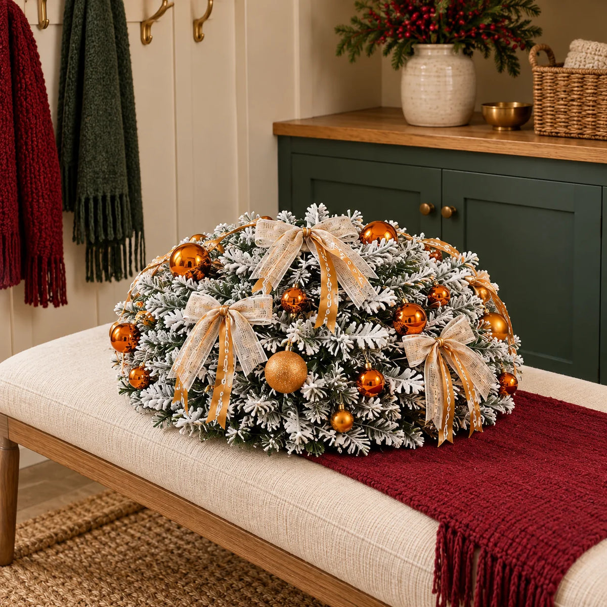 Bronze Snowfall canopy folded into a flat circular bundle for storage