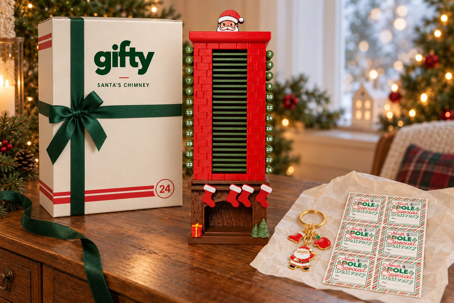 Santa chimney calendar, Gifty packaging, Christmas charm keyring and a sheet of six North Pole gift labels