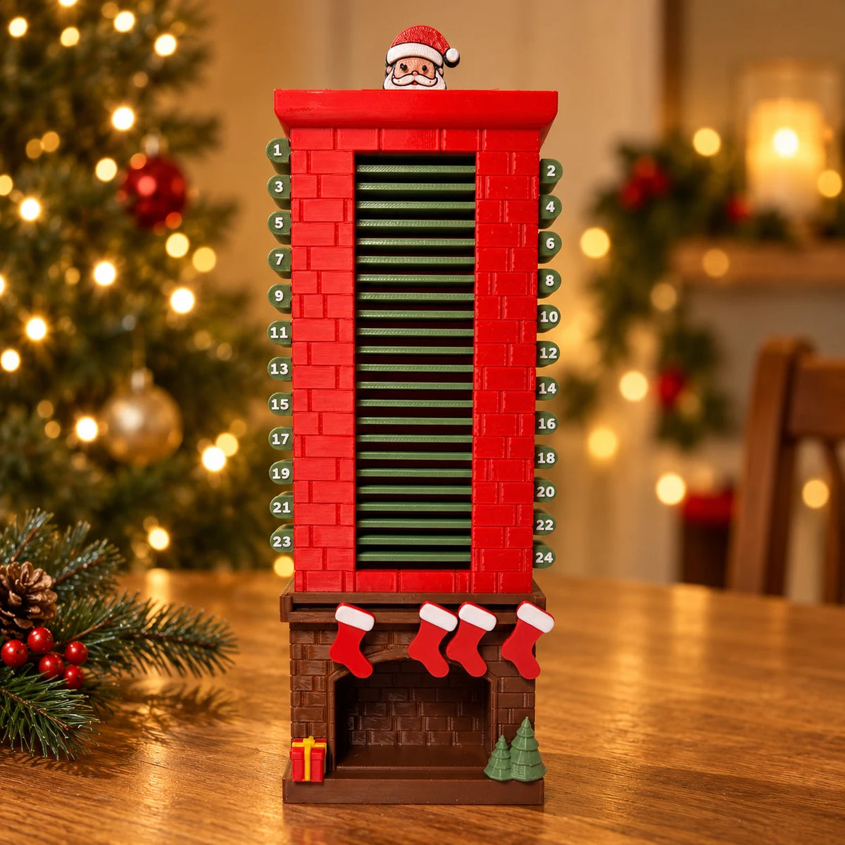 Santa chimney countdown calendar with a red brick chimney, green numbered tabs and Coffee brown fireplace base on a Christmas table.