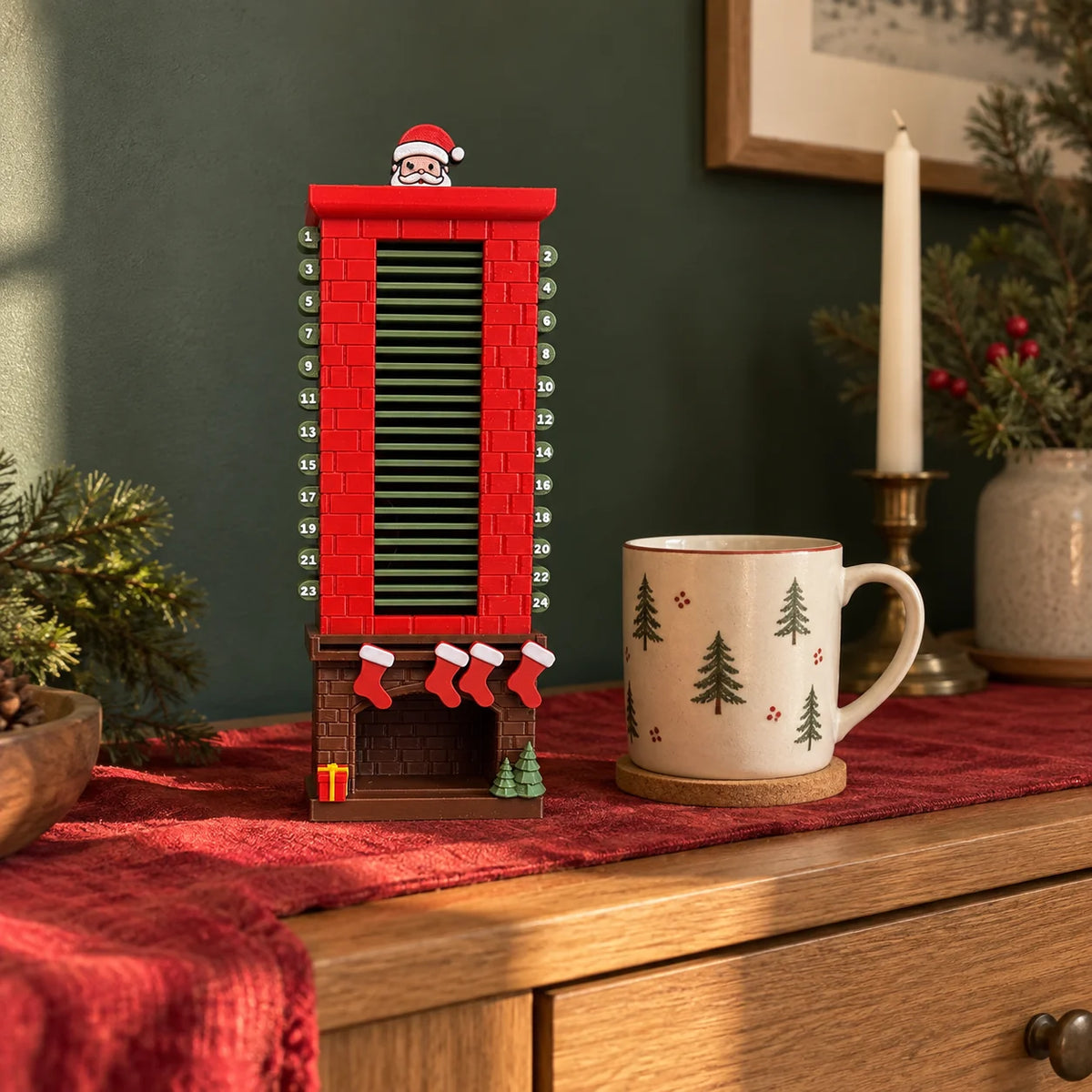 Coffee base Santa chimney calendar beside a mug on an evergreen and red Christmas sideboard.