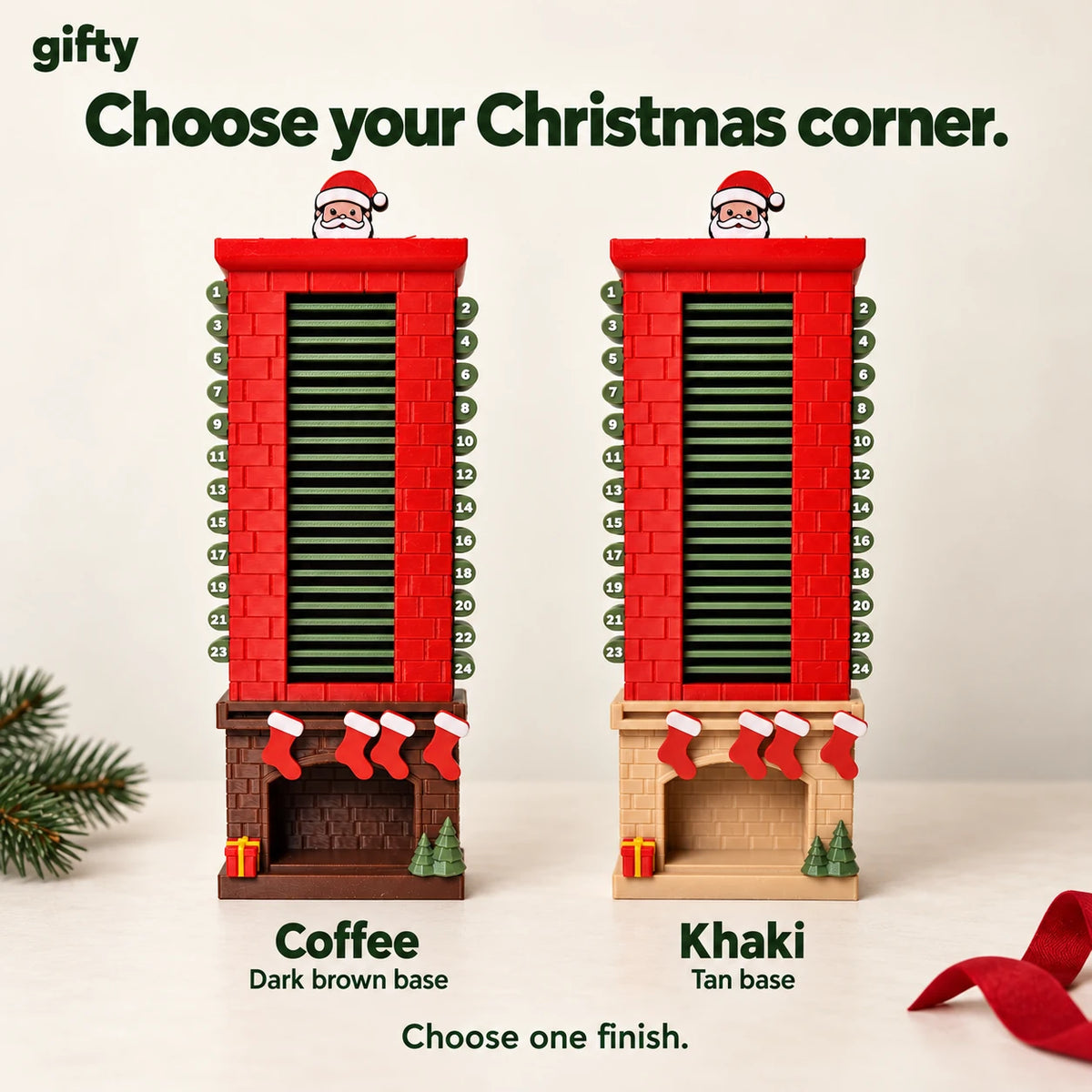 Choose one finish: Coffee with a dark brown base or Khaki with a tan base.