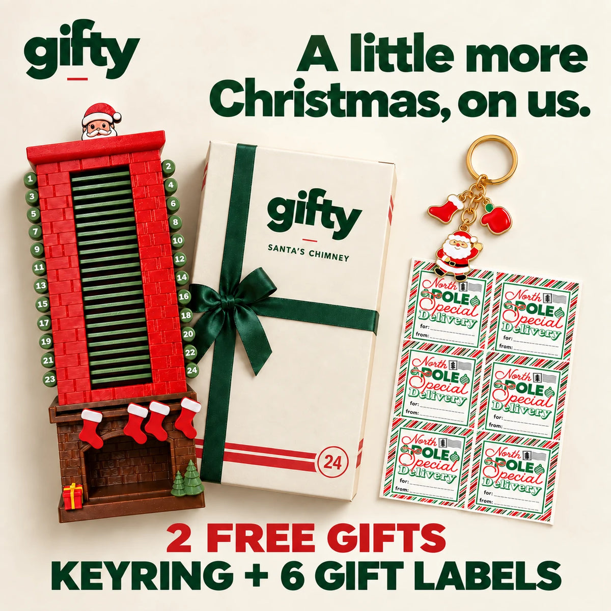 Santa calendar with Gifty packaging, one Christmas charm keyring and six gift labels; two free gifts with the order.