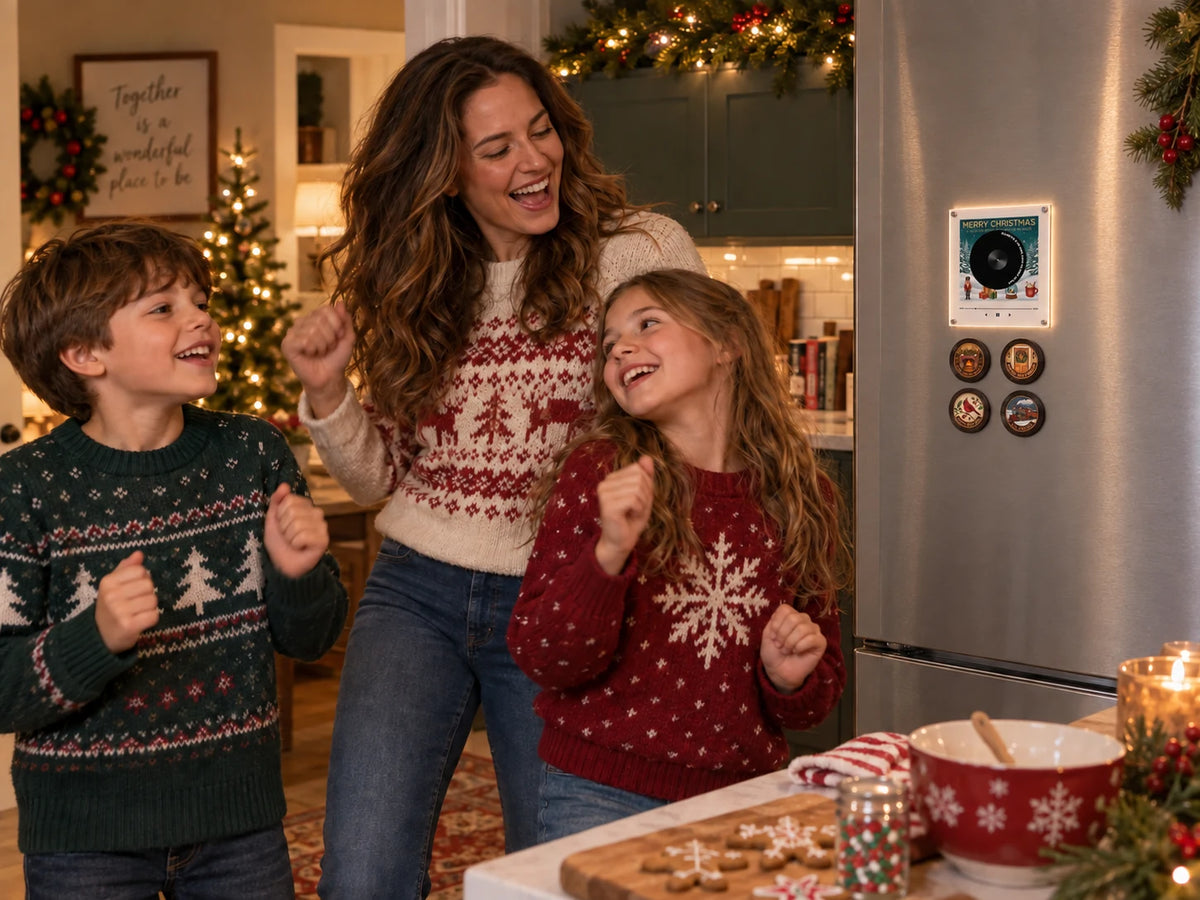 A mother and two children enjoying a Christmas singalong in a festive kitchen with the Gifty Christmas Record Light on the fridge