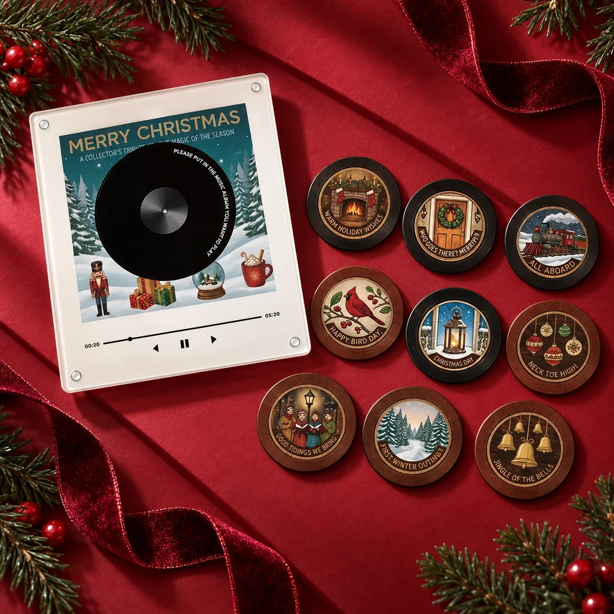 Snowfall Christmas Record Light with its nine illustrated discs on festive cranberry ribbon
