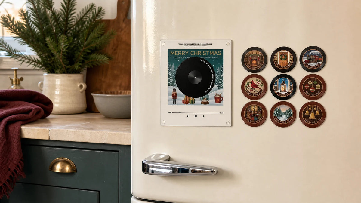 A compact Christmas plaque and nine discs on a kitchen fridge