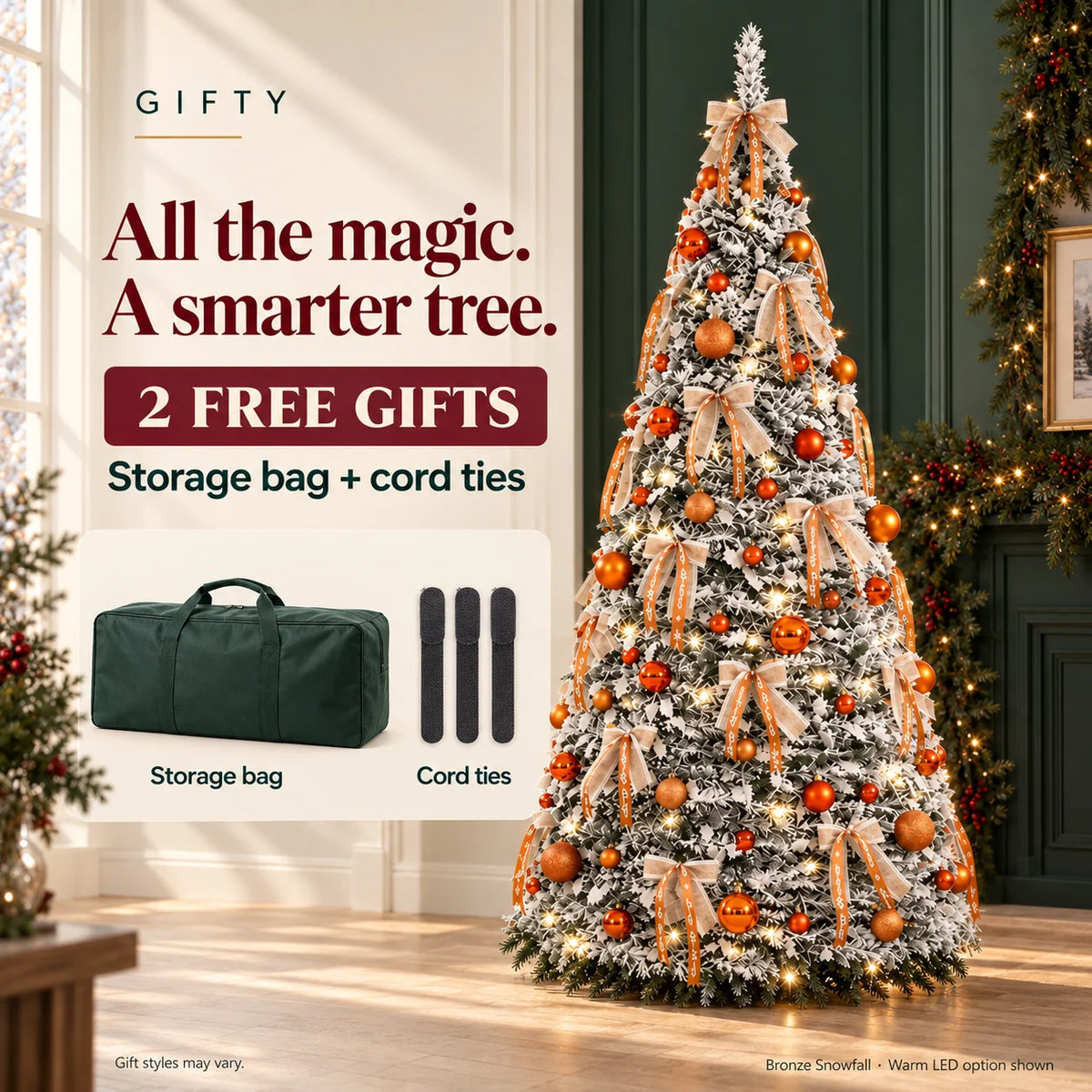 Bronze Snowfall warm LED tree with two free gifts: a storage bag and reusable cord ties. Gift styles may vary.