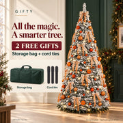 Bronze Snowfall warm LED tree with two free gifts: a storage bag and reusable cord ties. Gift styles may vary.