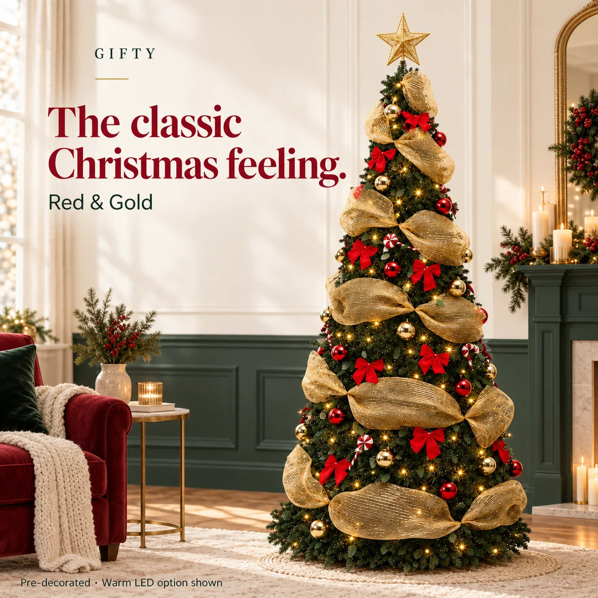 Classic Red & Gold decorated folding Christmas tree with warm LED option shown