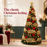 Classic Red & Gold decorated folding Christmas tree with warm LED option shown