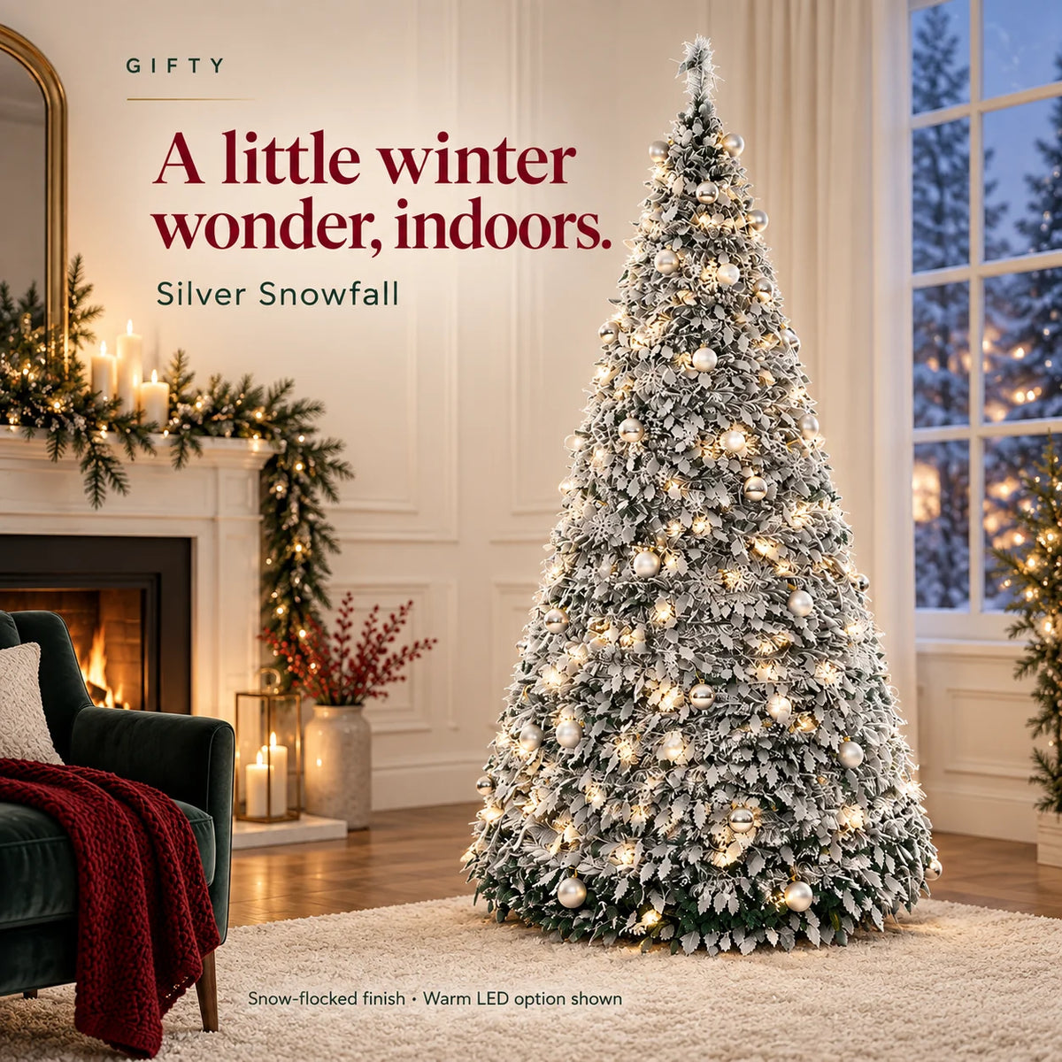 Silver Snowfall flocked Christmas tree with warm LED option shown
