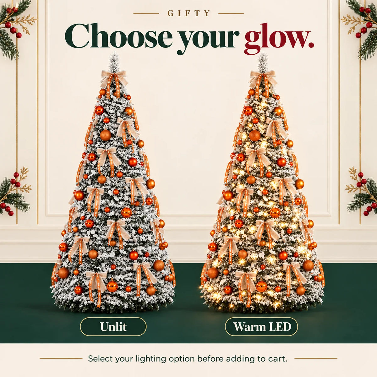 Bronze Snowfall unlit and warm LED options shown side by side