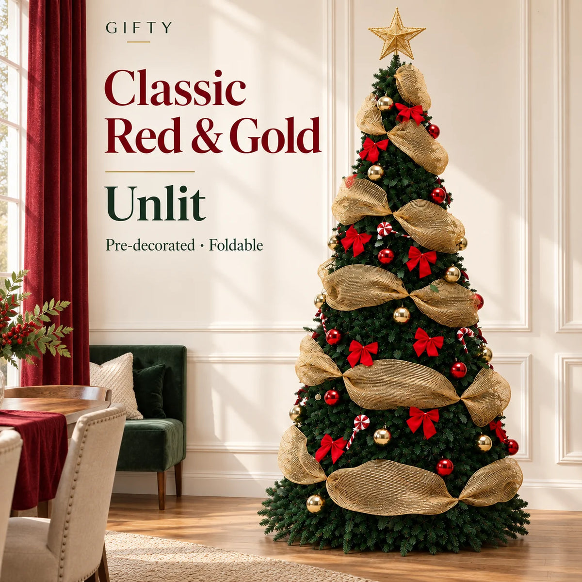 Classic Red & Gold unlit foldable tree with gold mesh ribbon, red bows and red and gold ornaments.