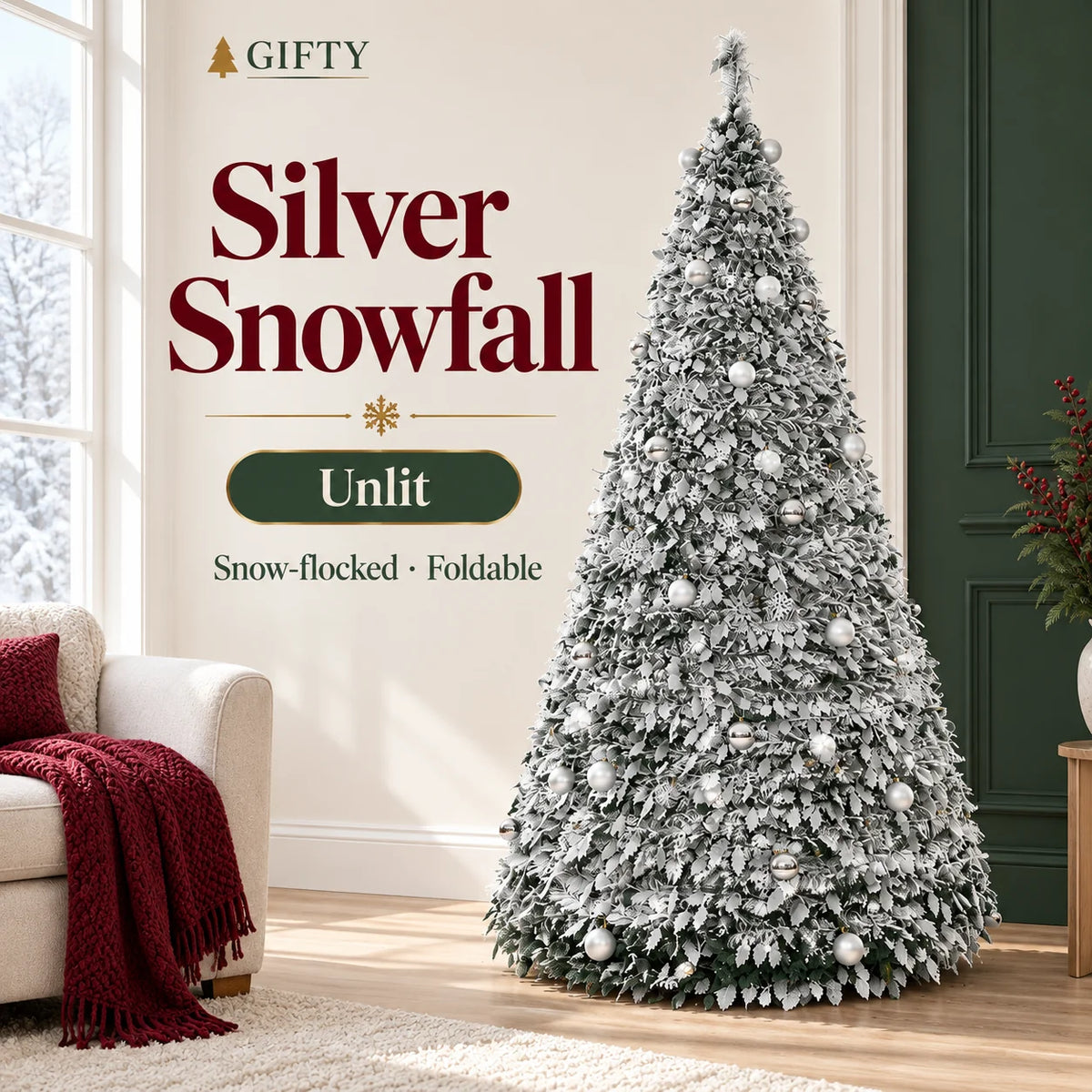 Silver Snowfall unlit foldable tree with snowy branches and silver ornaments.