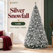 Silver Snowfall unlit foldable tree with snowy branches and silver ornaments.