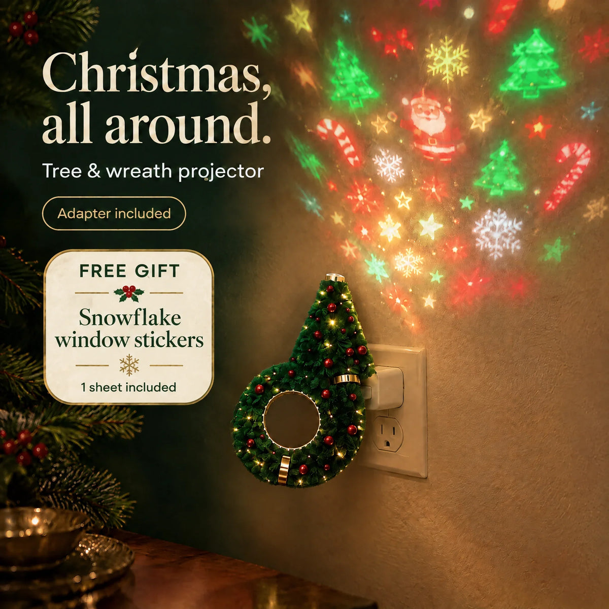 Christmas Glow tree and wreath projector with festive projections. Adapter included. Free gift: one sheet of snowflake window stickers.
