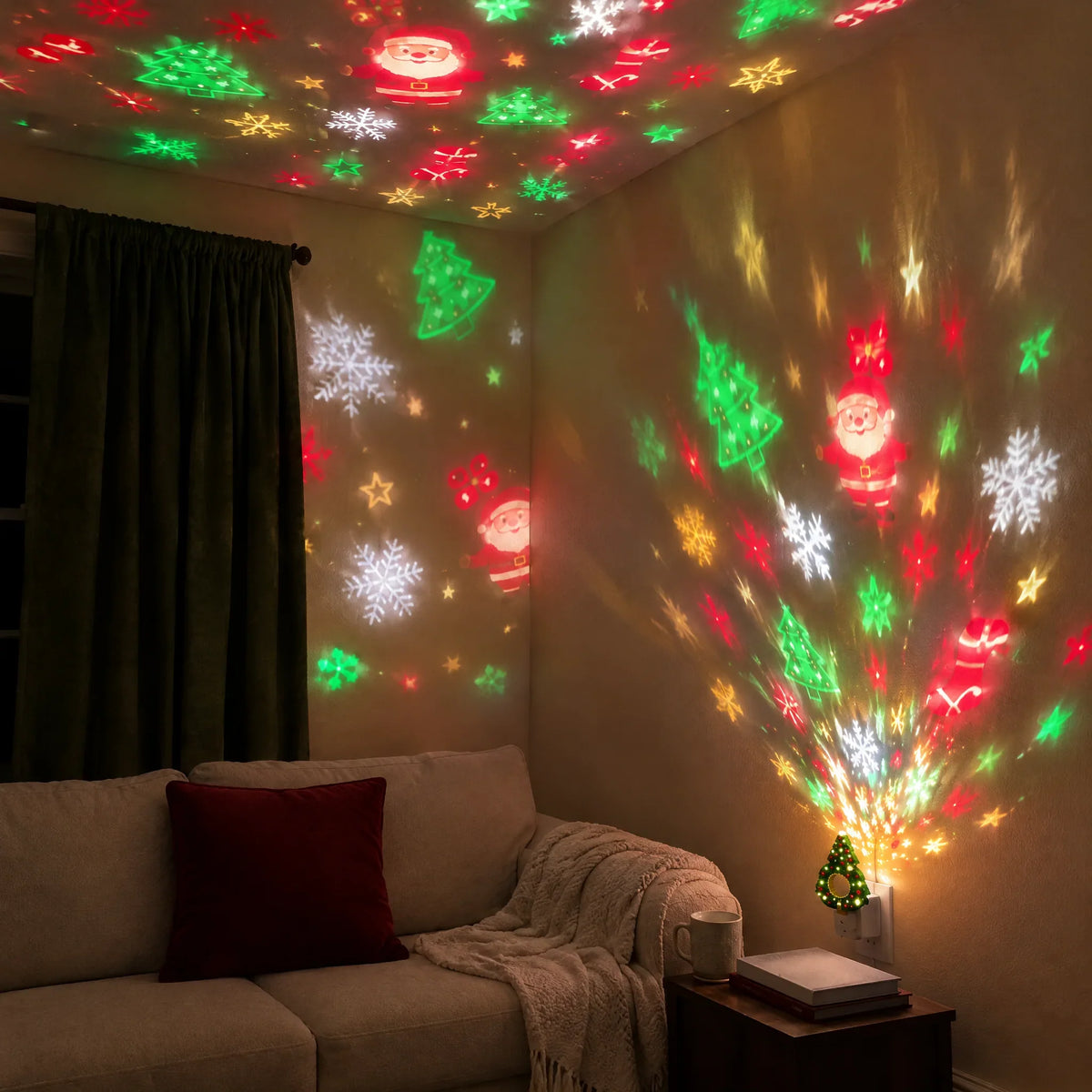 Christmas projection patterns brighten the walls and ceiling of a cozy living room.