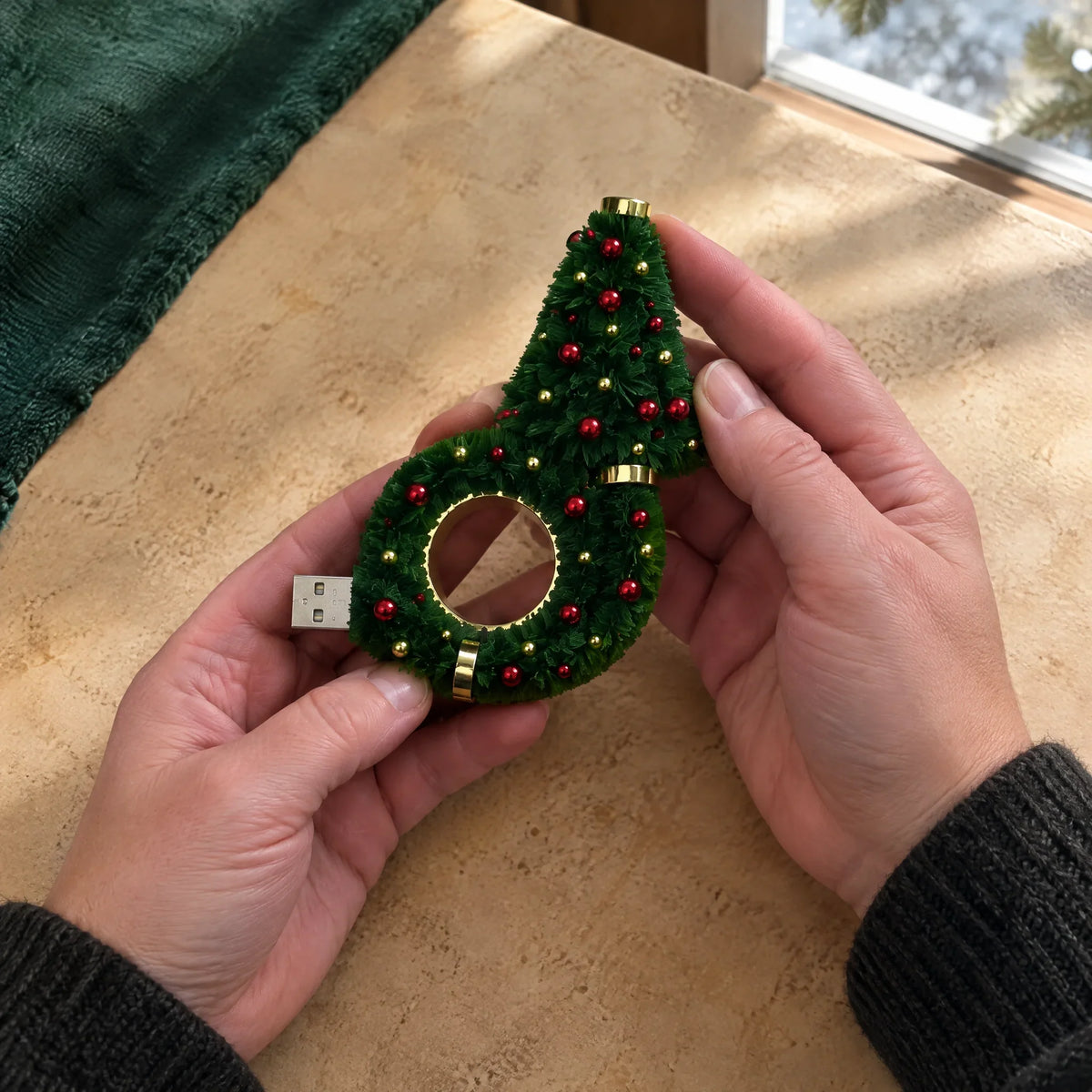 Two adult hands hold the unpowered Christmas Glow projector to show its size.