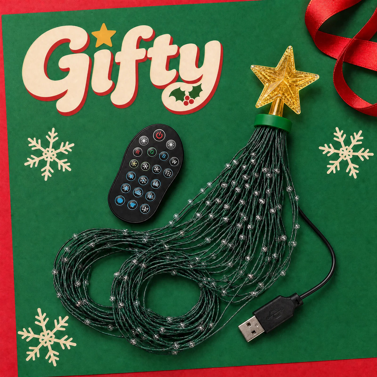 Gifty Starlit Christmas light set with a golden star, green top collar, LED strands, handheld remote and USB power lead