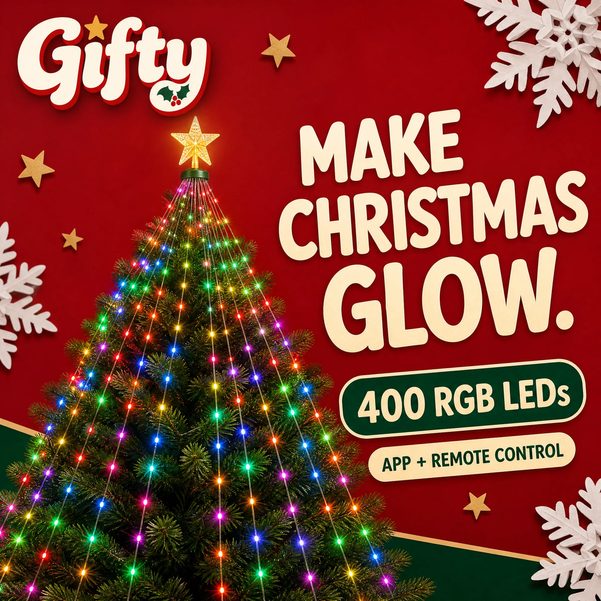 Gifty Christmas tree light set with a gold star and 400 RGB LEDs on a bold scarlet festive stage.