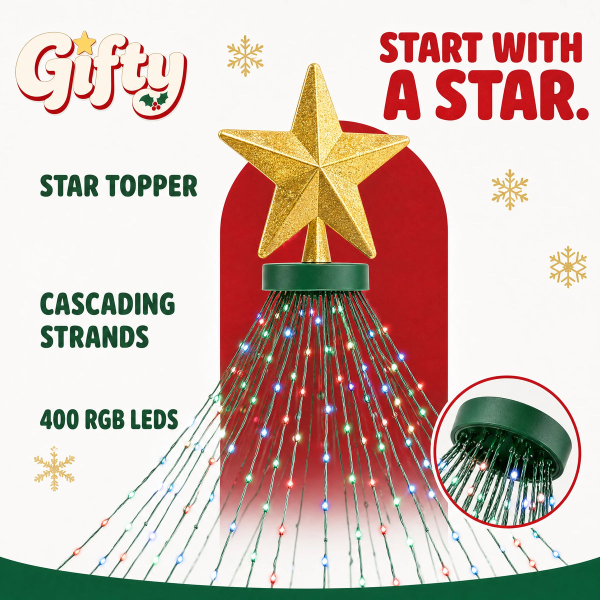 Gifty gold star topper and flat green collar with fine cascading strands and a close product detail.