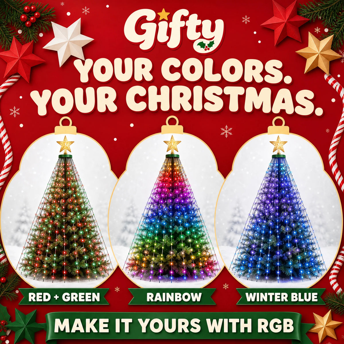 Gifty RGB lights shown in red and green, rainbow, and winter blue colors across three evergreen tree portraits.