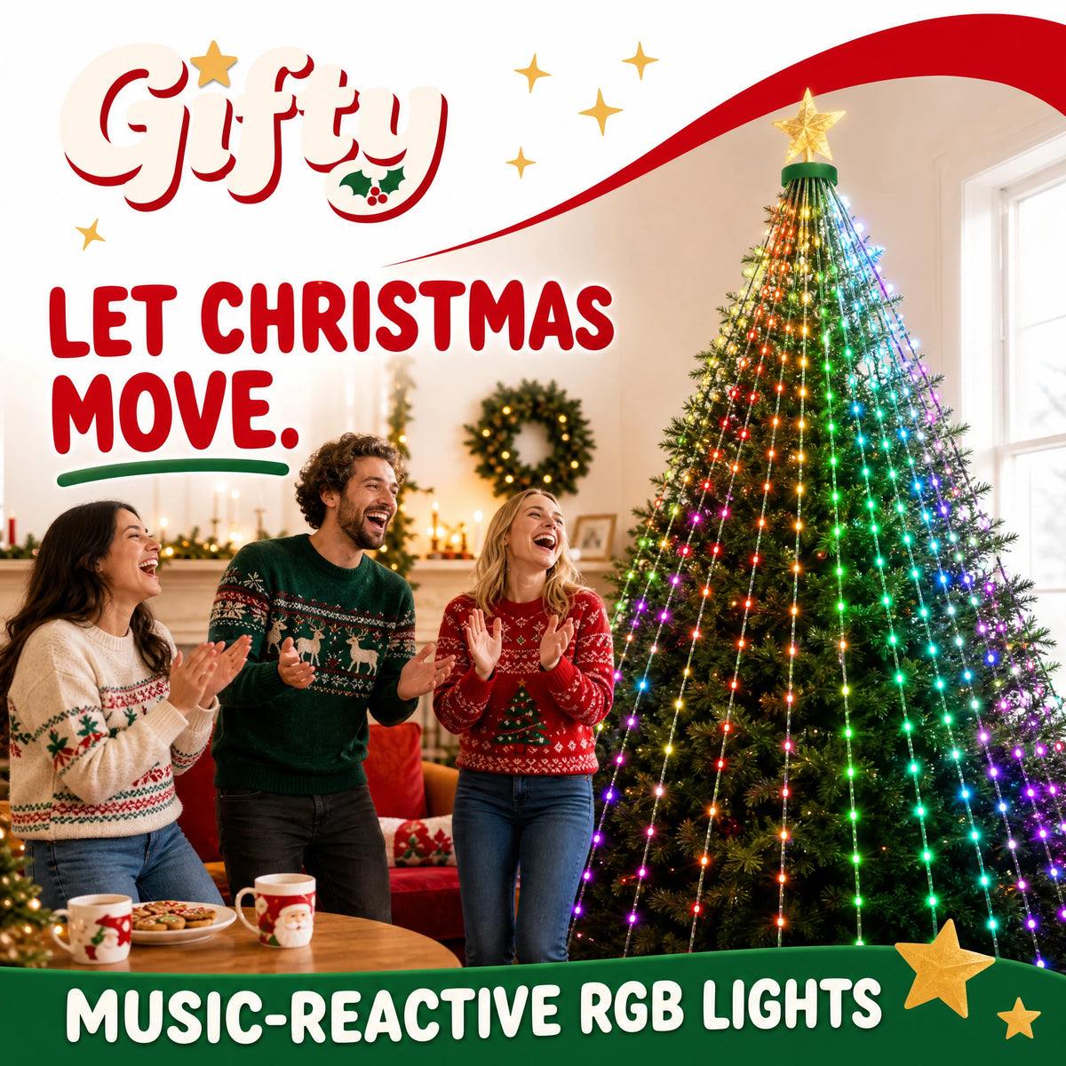 Friends clap along to holiday music beside Gifty RGB lights in a cheerful Christmas room.