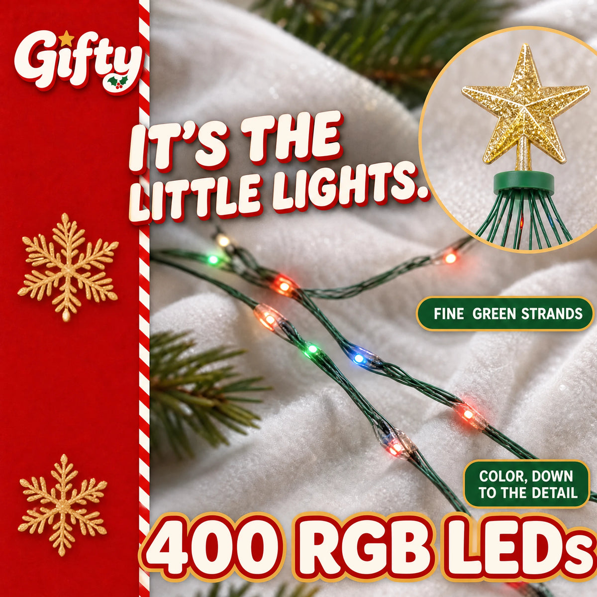 Close-up of tiny RGB LED points on fine green strands with a gold star and flat green collar detail.