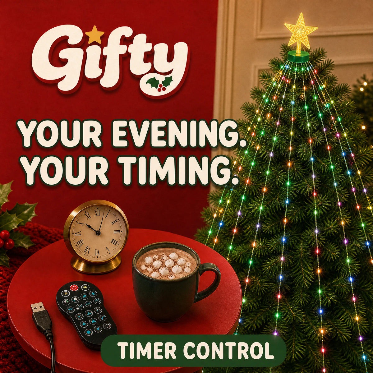 Gifty remote and a clock on a festive side table beside a glowing Christmas tree, highlighting timer control.