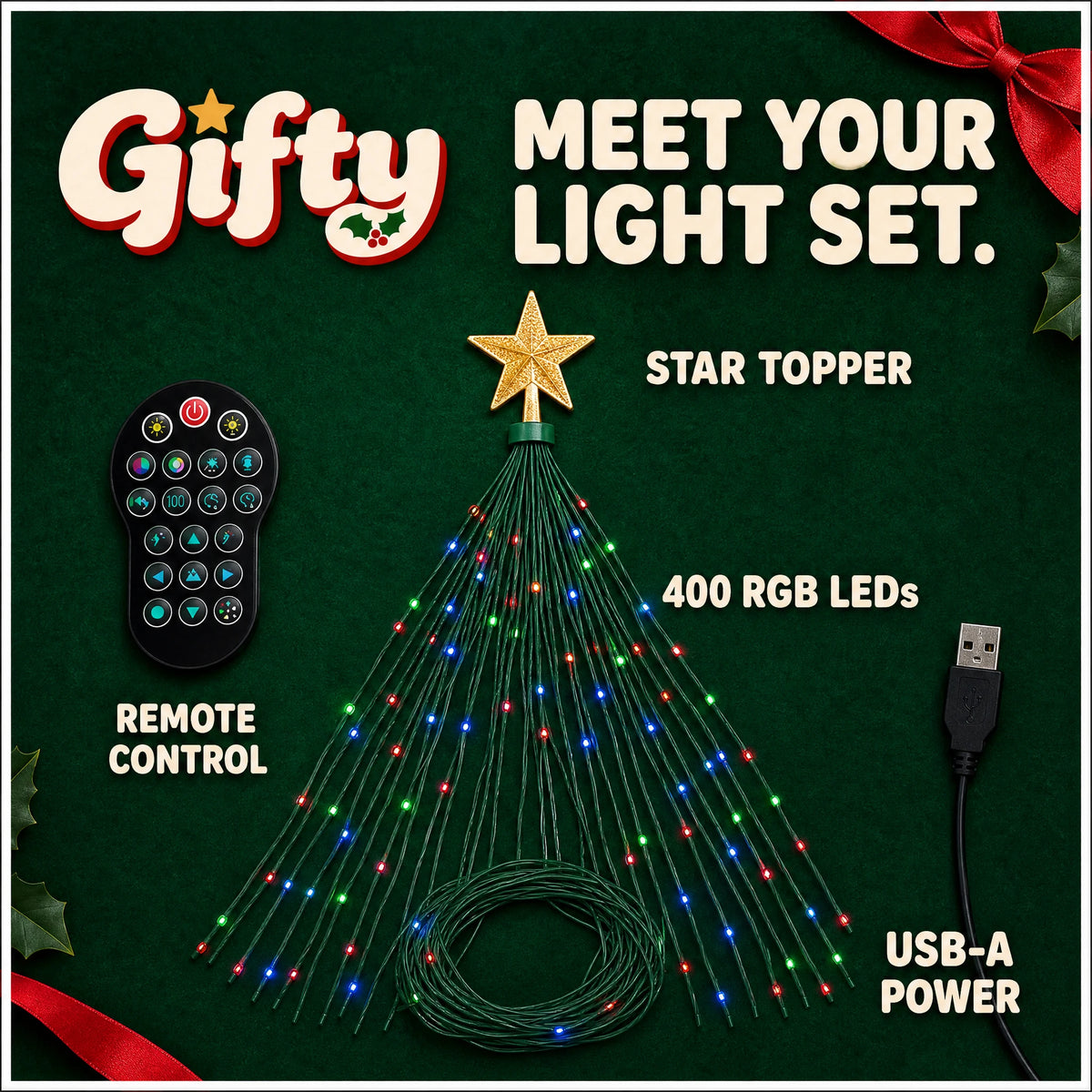 Gifty gold star, flat green collar, cascading LED strands, oval remote and USB-A power lead arranged on holly-green felt.