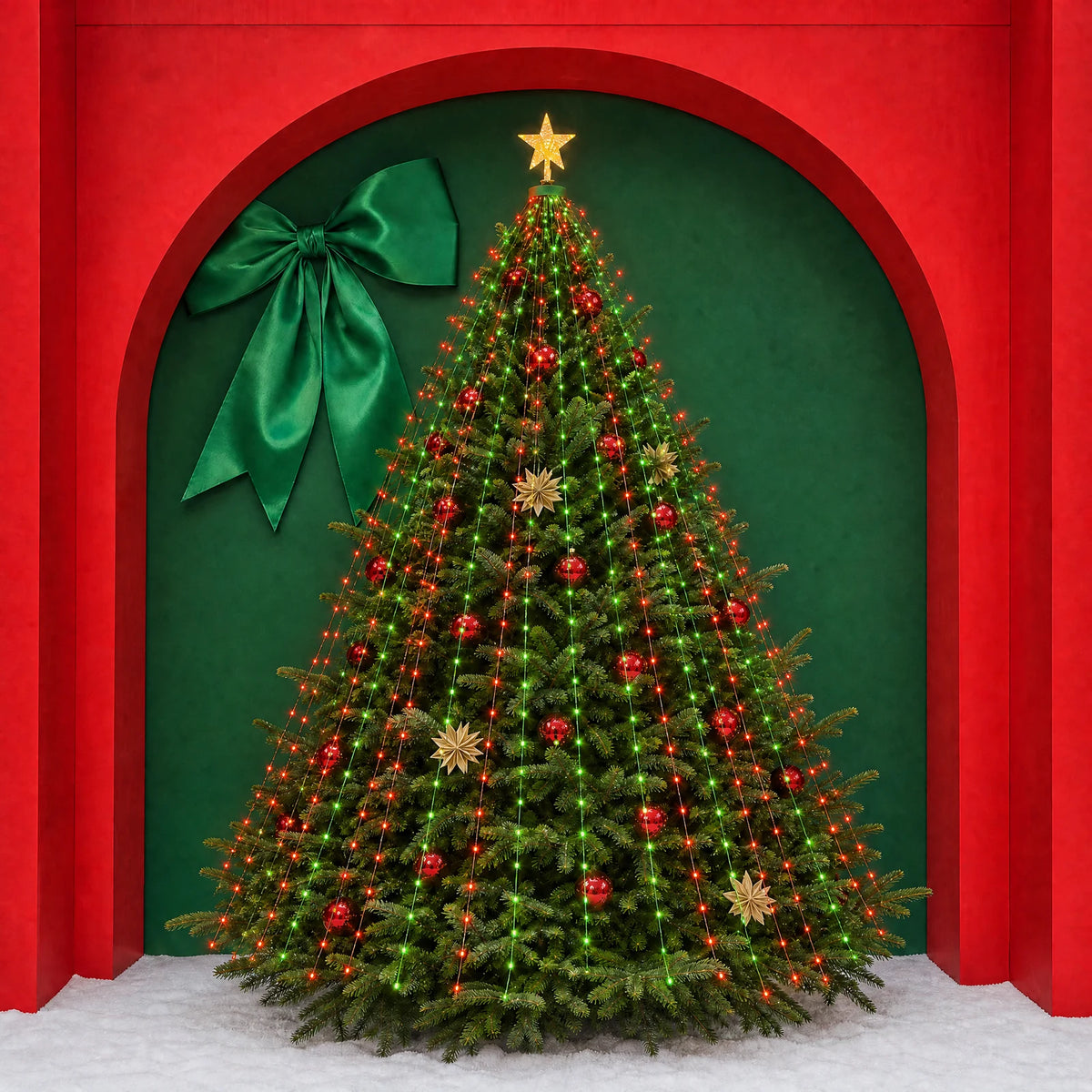 Gifty Starlit cascading lights on a Christmas tree in red and green