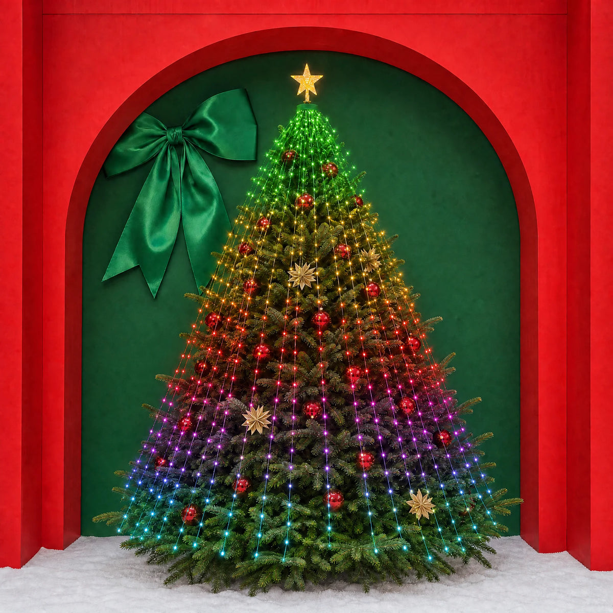Gifty Starlit cascading lights on a Christmas tree in a multicolor palette