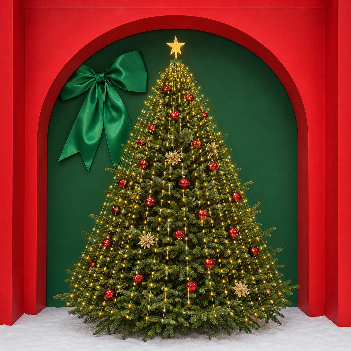 Gifty Starlit cascading lights on a Christmas tree in a golden color palette