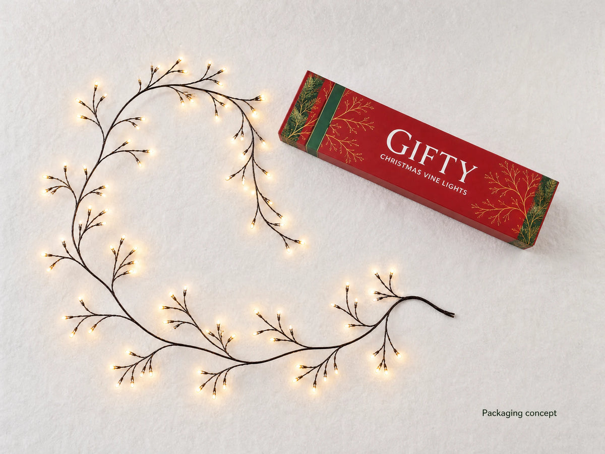 Christmas Vine Lights beside a proposed Gifty packaging design