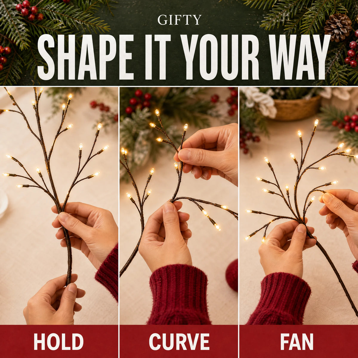 Hands holding, curving and fanning the flexible vine branches