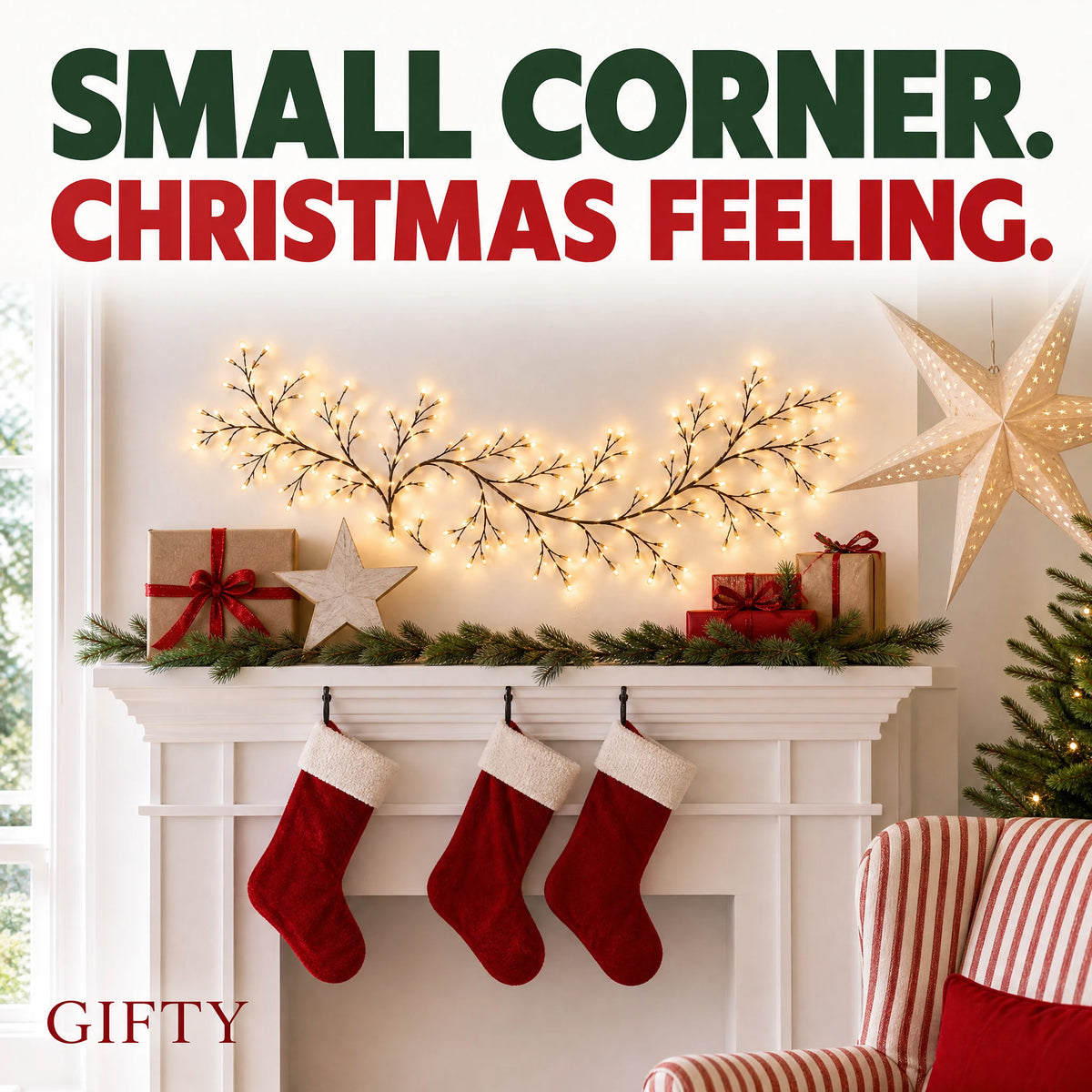 Christmas mantel-styling inspiration with brown lighted vine branches