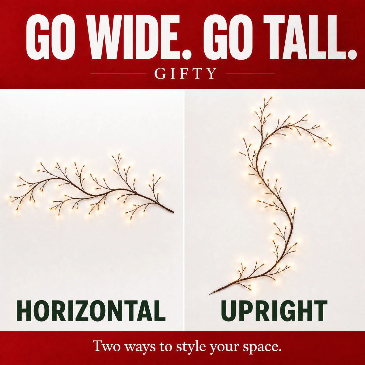 Horizontal and upright styling ideas for flexible brown vine lights