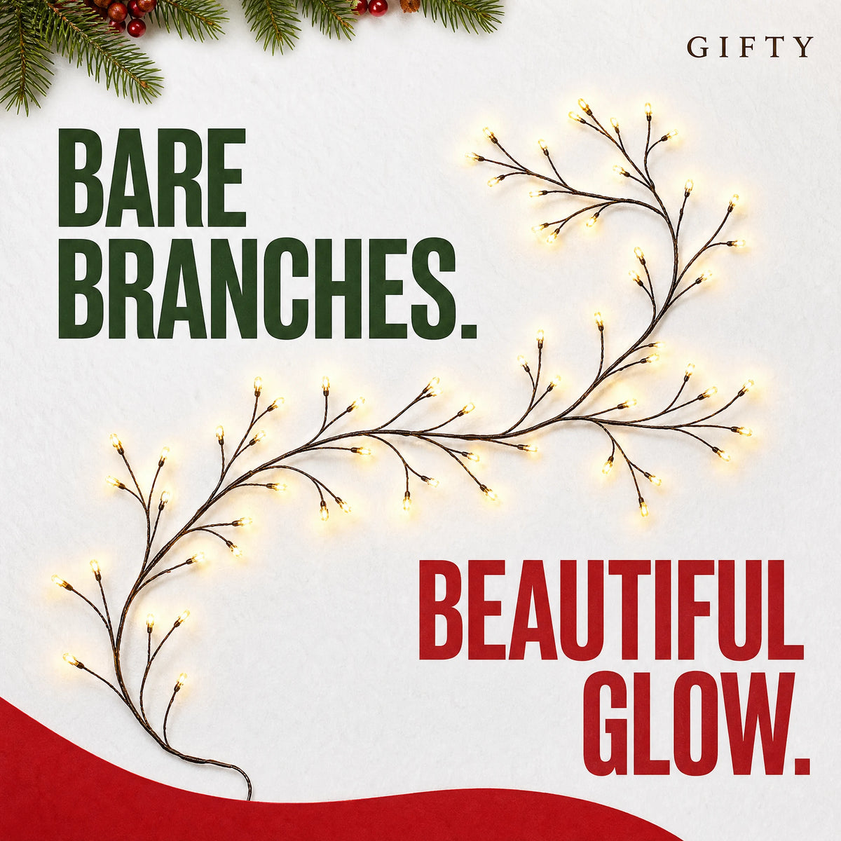 Bare brown lighted vine branches shown without added greenery or ornaments