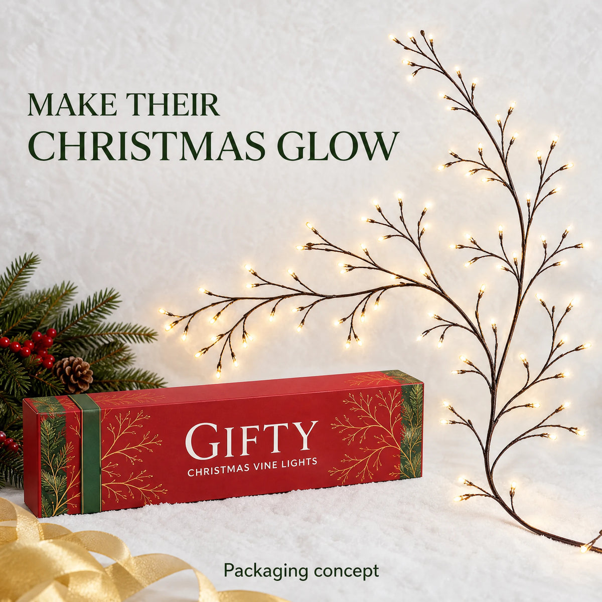 Proposed red Gifty Christmas Vine Lights packaging concept; final packaging may differ