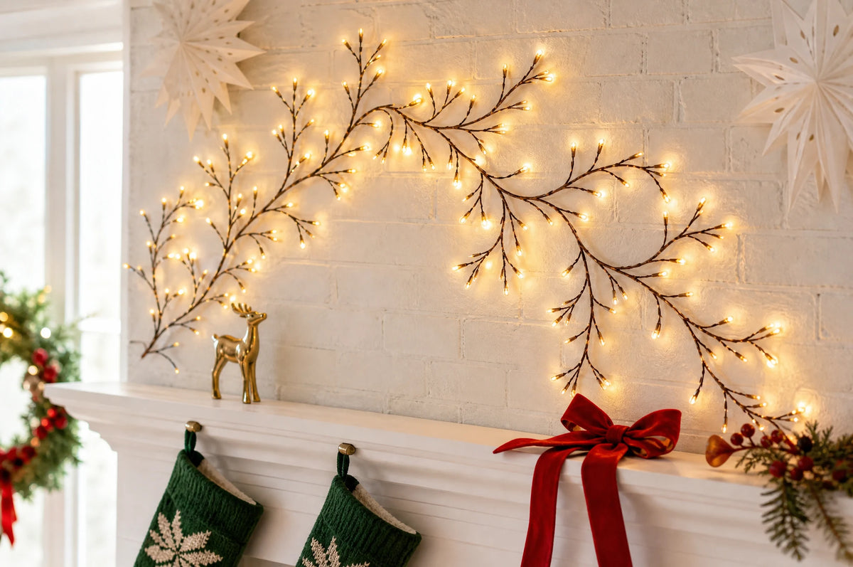 Warm vine lights styled on the wall above a Christmas mantel