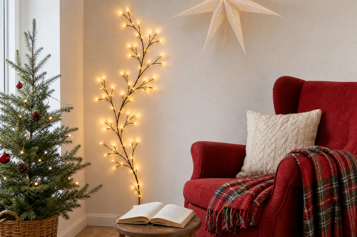 A Christmas reading corner with the lighted vine on the wall