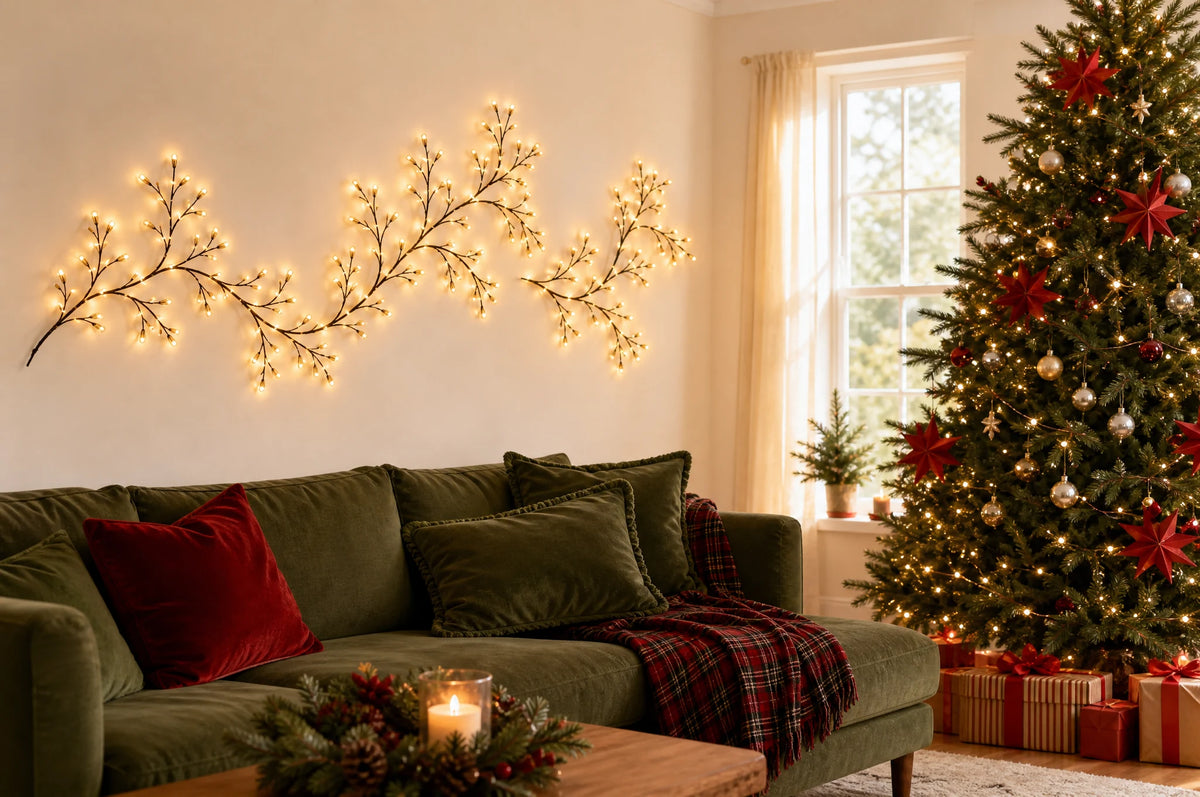 A Christmas vine arranged on the wall above a sofa