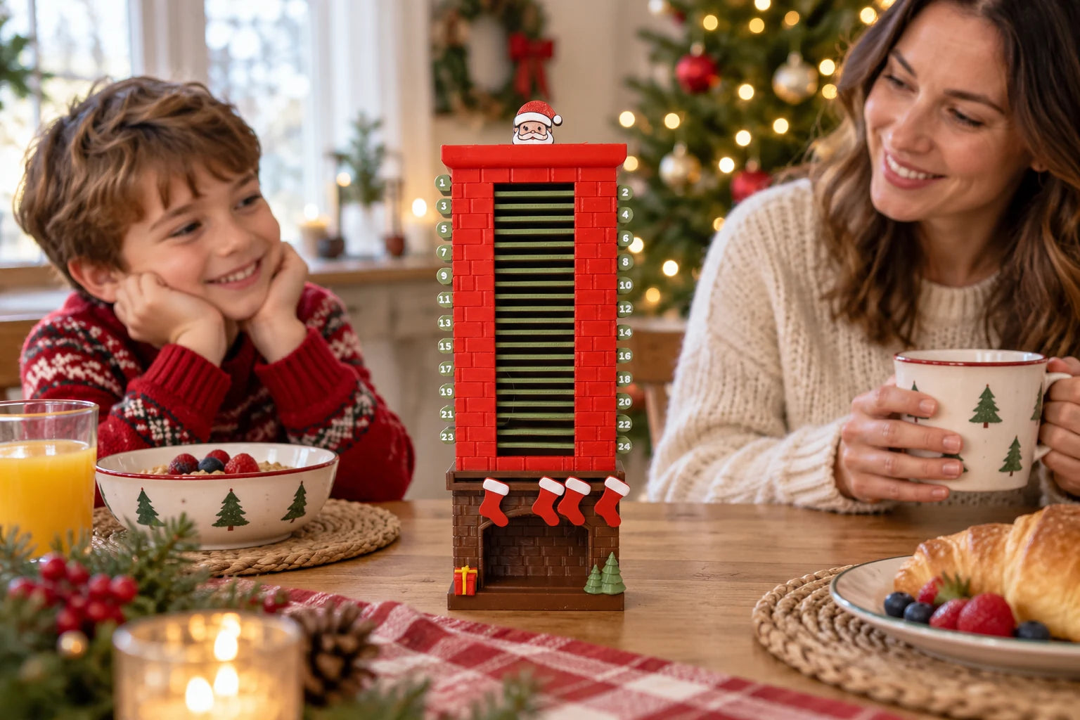 A family sharing a Christmas breakfast with the Santa countdown displayed on the table