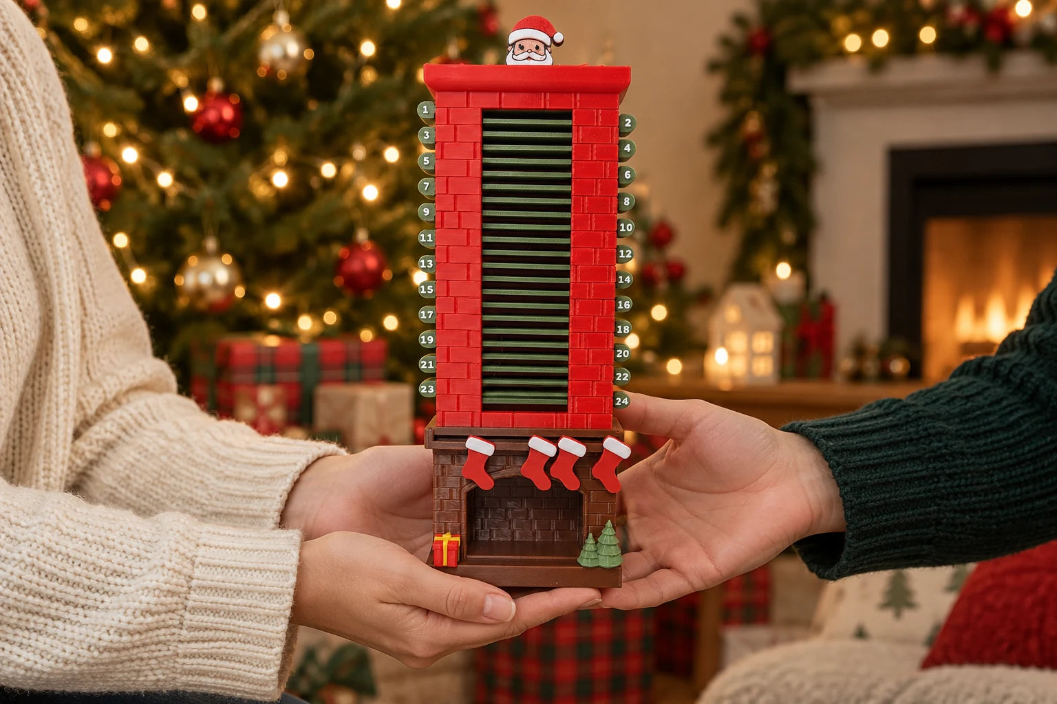 Hands presenting the Santa chimney countdown calendar beside a softly lit Christmas tree.